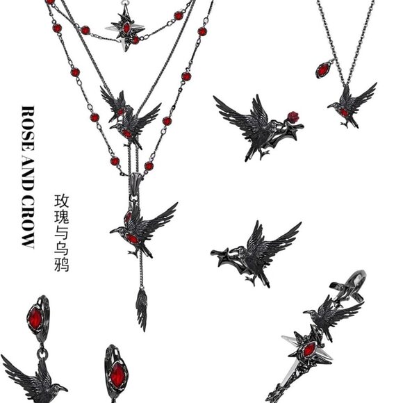 Gothic Crow Earrings Red Pendant Dangle Jewelry for Women Halloween Gift - Picture 3 of 6